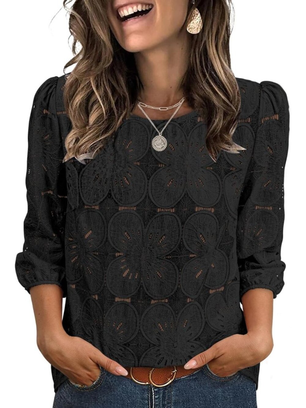 Women's Blouse Black Dressy Casual Long Sleeve Tops Eyelet Lace Summer Shirts